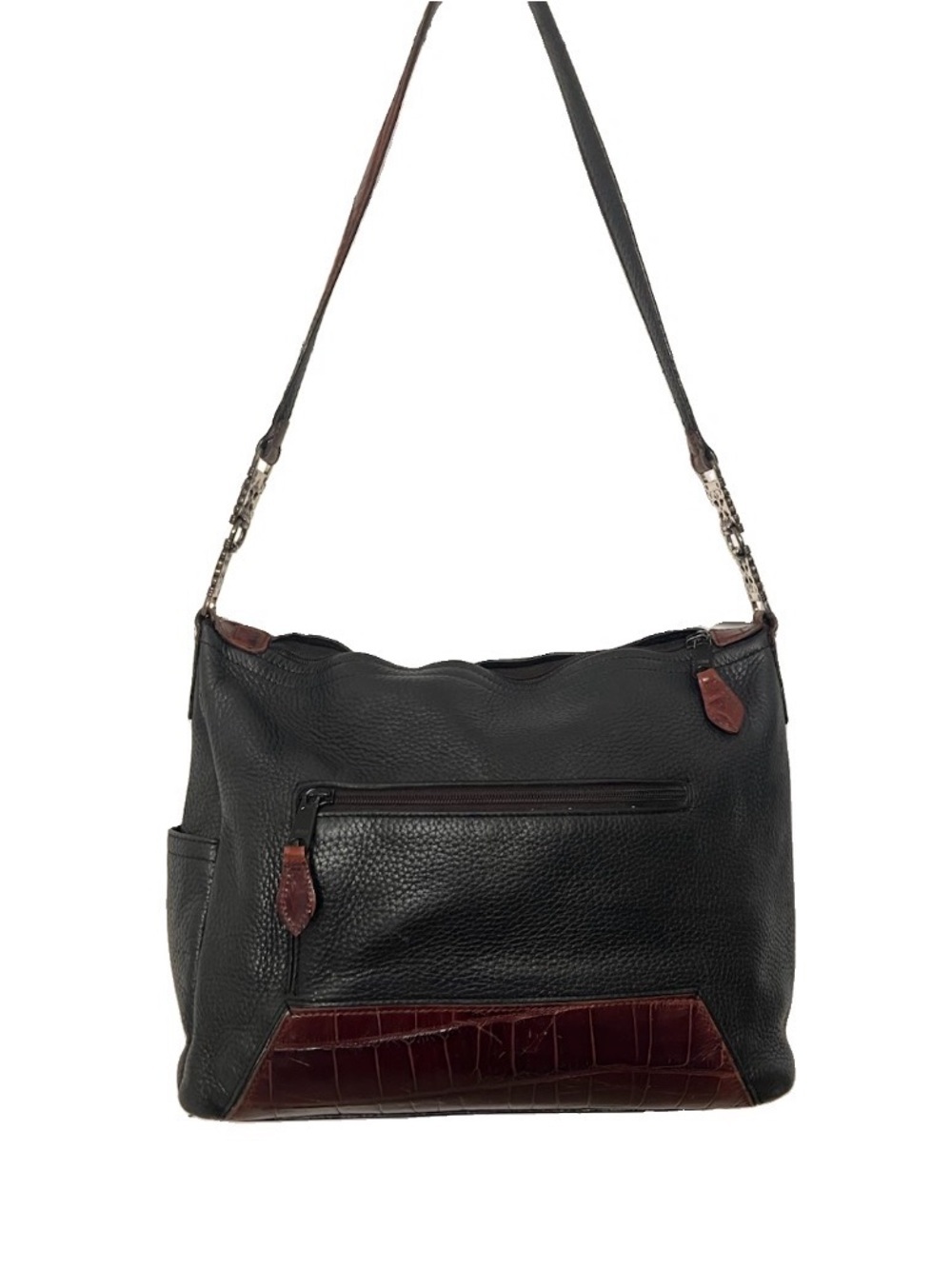 Vintage BRIGHTON Black Pebbled/Brown Crocodile Leather Purse Shoulder Bag Hobo
